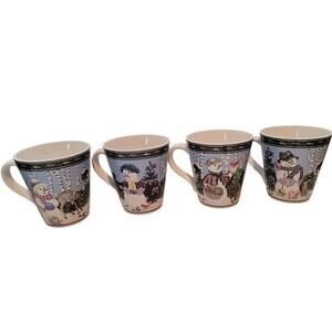 Snowmen Christmas Cups Coffee Tea Cocoa Set of 4 Stoneware Gibson Claire Murray‎